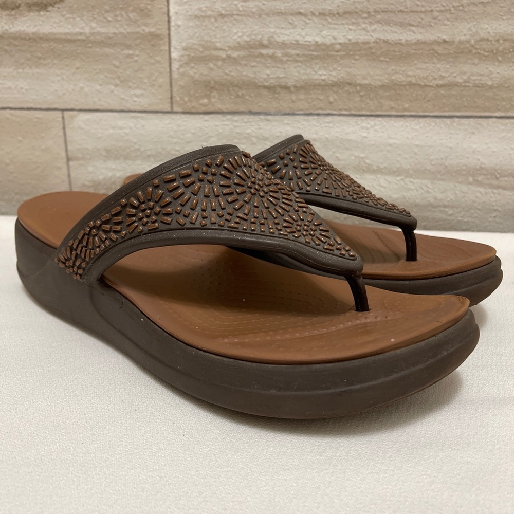 Crocs Monterey Diamante Dual Comfort Wedge Flip Flop Sandals Woman's Size 10W